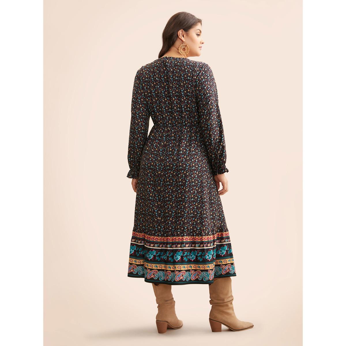 Plus Size Boho Print V Neck Elastic Waist Dress Black Women Resort Frill Trim V-neck Long Sleeve Curvy BloomChic 28/5X Product Image