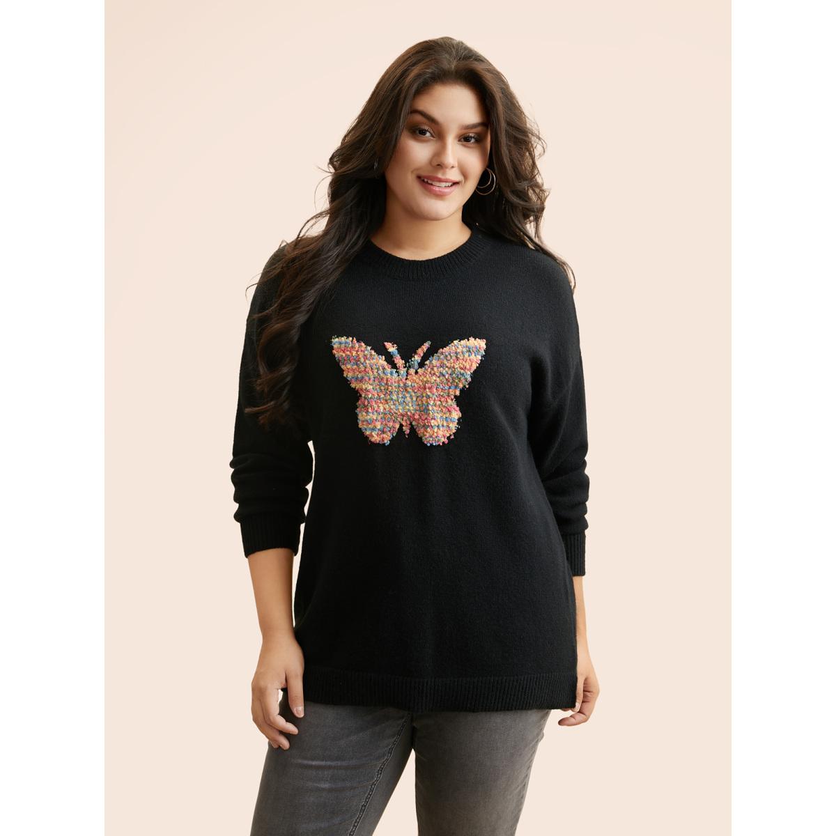 Plus Size Butterfly Jacquard Drop Shoulder Pullover Black Women Casual Long Sleeve Round Neck Everyday Pullovers BloomChic 14-16/1X Product Image
