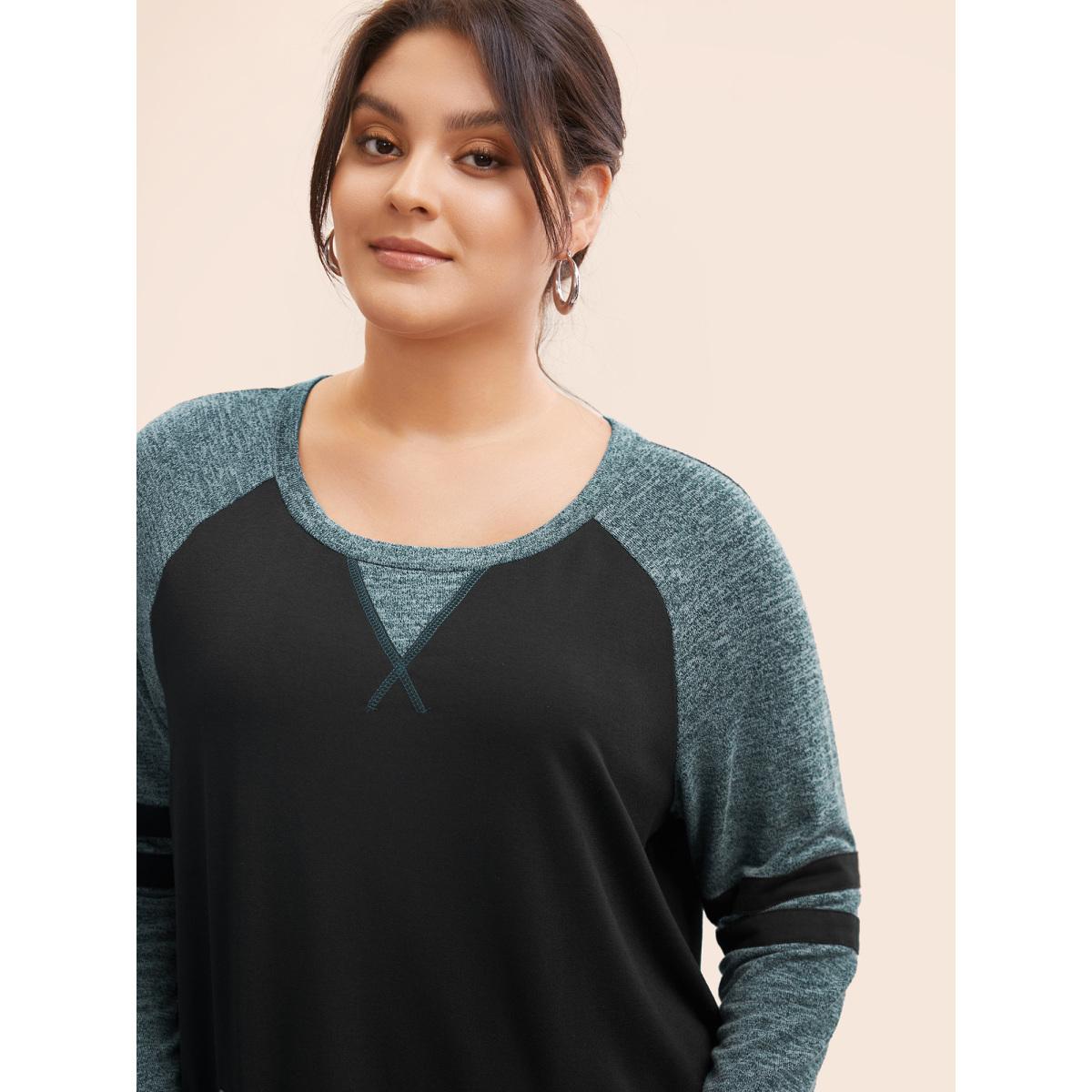 Plus Size Striped Contrast Pocket Raglan Sleeve High Low Hem Sweatshirt Women Emerald Casual Contrast Round Neck Everyday Sweatshirts BloomChic 30/6X Product Image