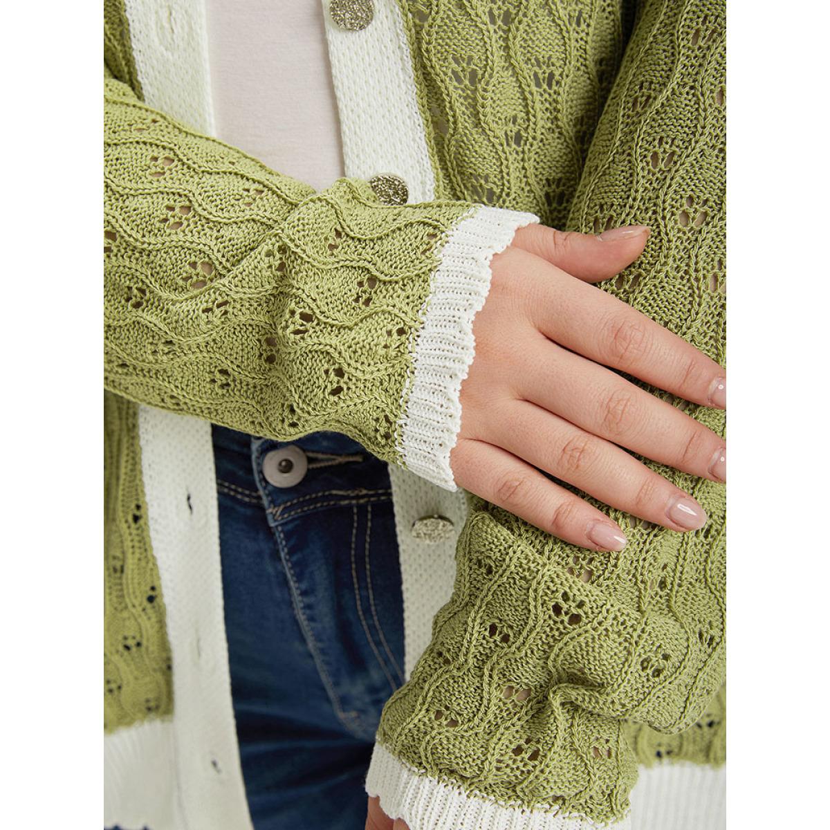 Plus Size Two Tone Patchwork Cut Out Button Down Cardigan Olive Women Casual Loose Long Sleeve Work Cardigans BloomChic 18-20/2X Product Image