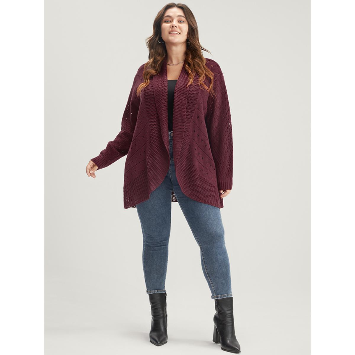 Plus Size Solid Pointelle Knit Lapel Collar Geometric Crochet Open Front Cardigan Burgundy Women Elegant Loose Long Sleeve Dailywear Cardigans BloomChic 12/L Product Image