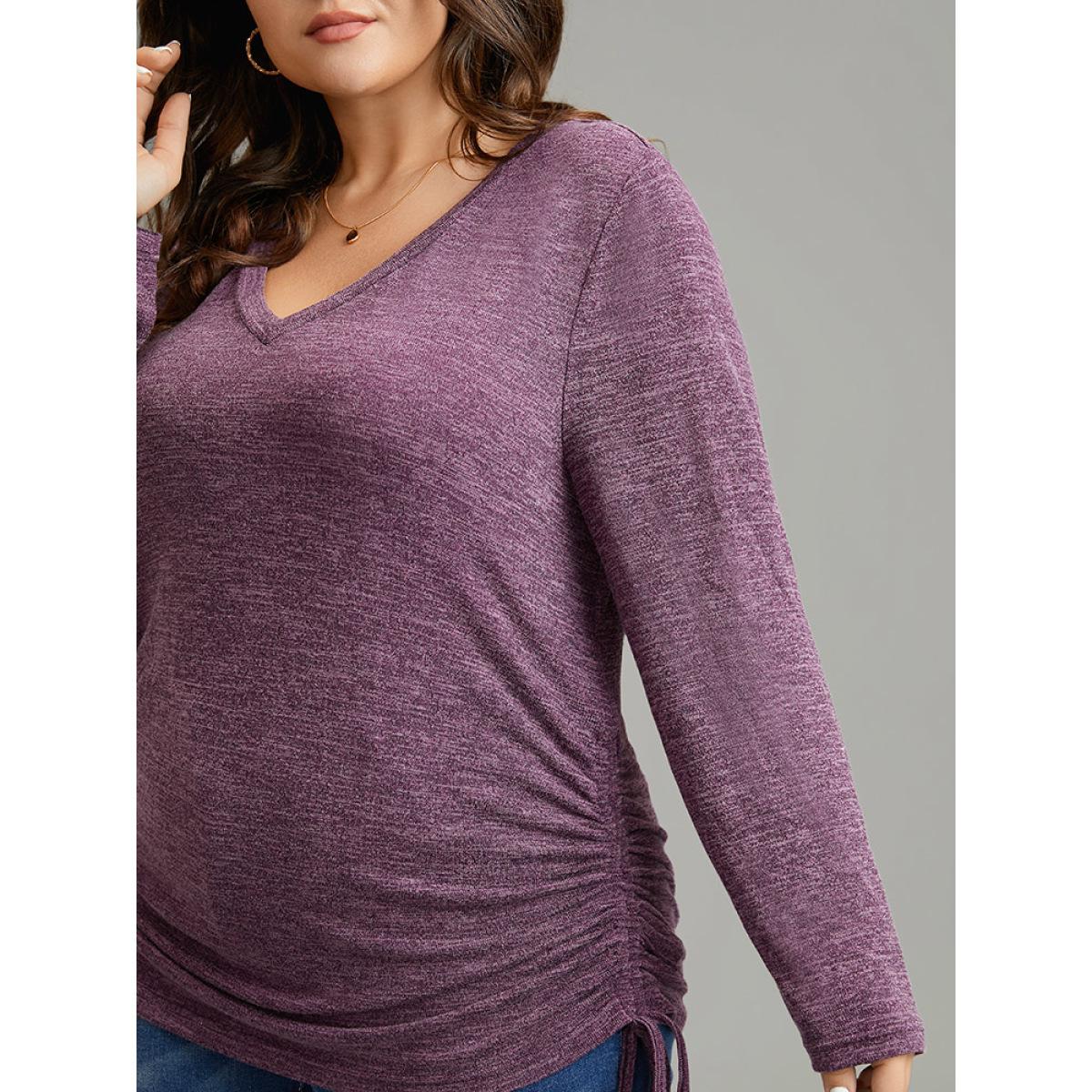 Plus Size Solid Drawstring Heather V Neck T-shirt Purple Women Casual Plain Plain V-neck Dailywear T-shirts BloomChic 10/M Product Image