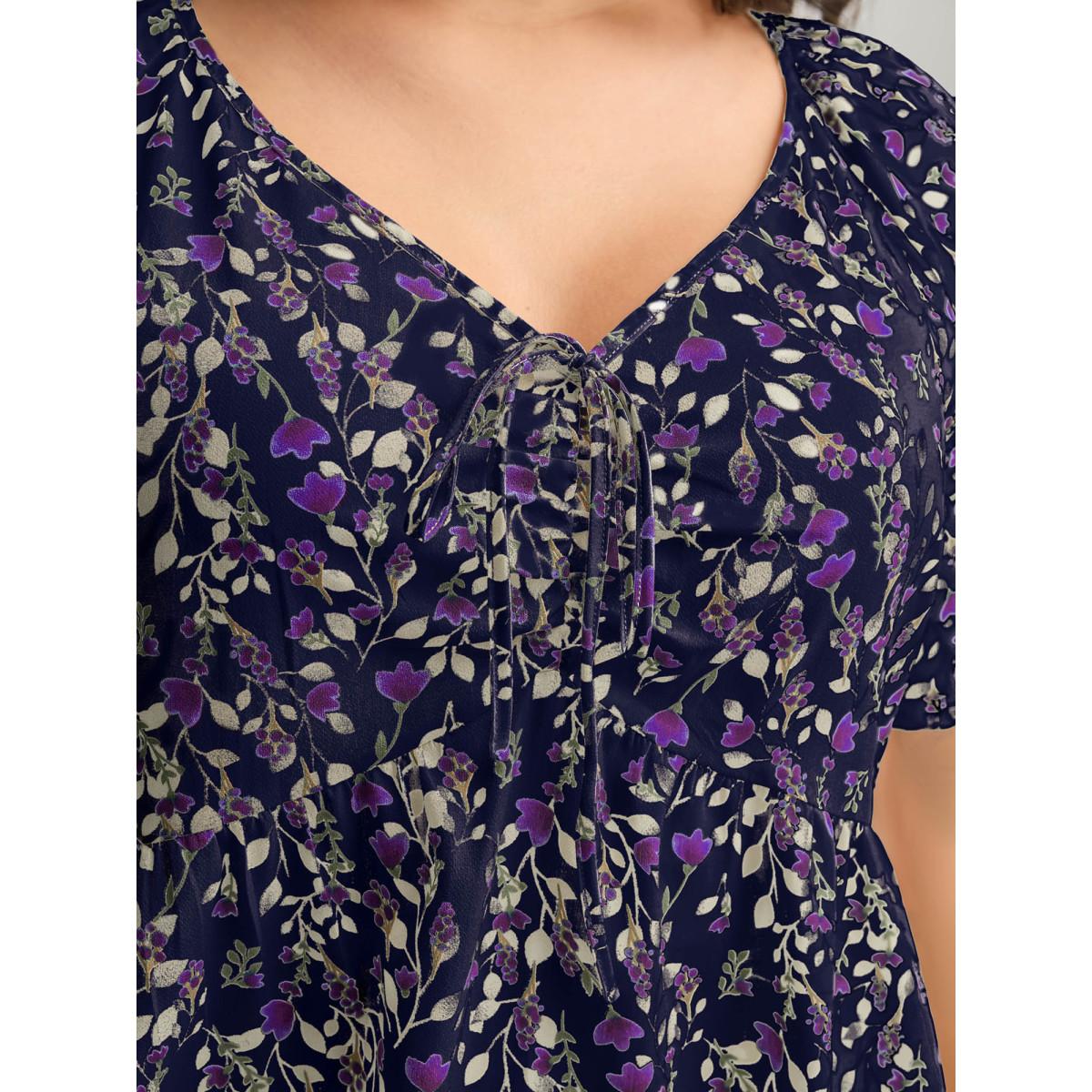 Plus Size Indigo Bust-Comfort Floral Print Tie Blouse Women Timeless Short sleeve V-neck Elegant Blouses BloomChic 28/5X Product Image
