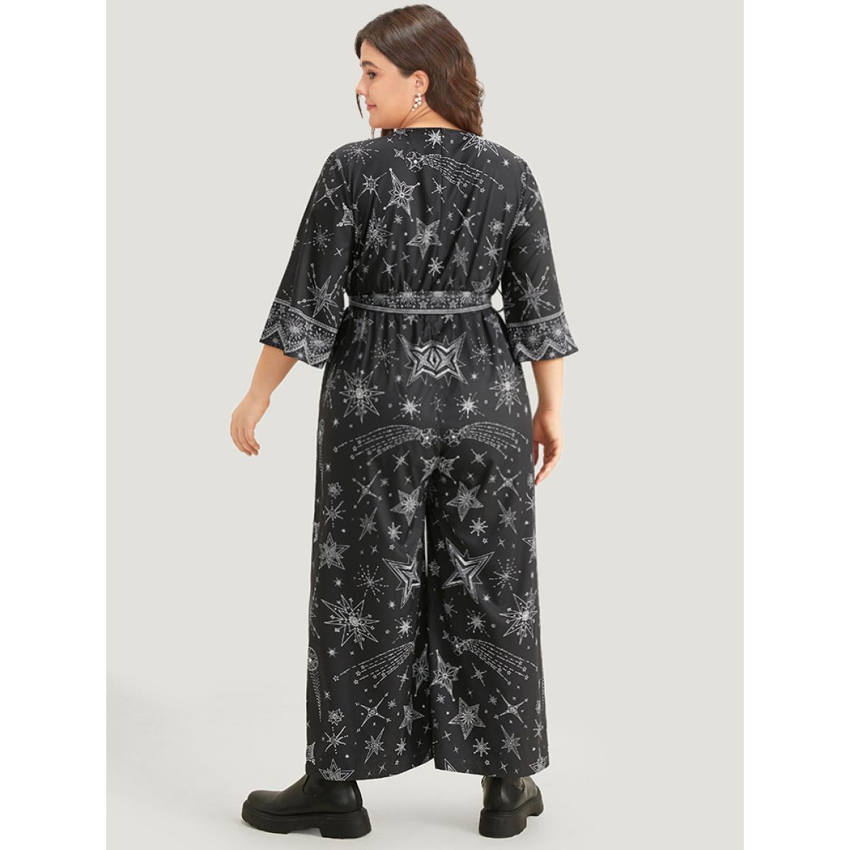 Plus Size Black Halloween Star Print Belted V Neck Jumpsuit Women Elegant Elbow-length sleeve V-neck Festival-Halloween Loose Jumpsuits BloomChic 30/6X Product Image