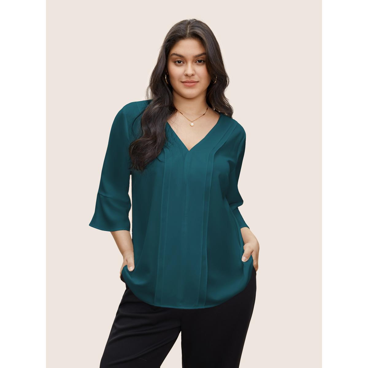 Plus Size Cyan V Neck Plain Ruffles Pleated Blouse Women Work From Home Elbow-length sleeve V-neck Work Blouses BloomChic 28/5X Product Image
