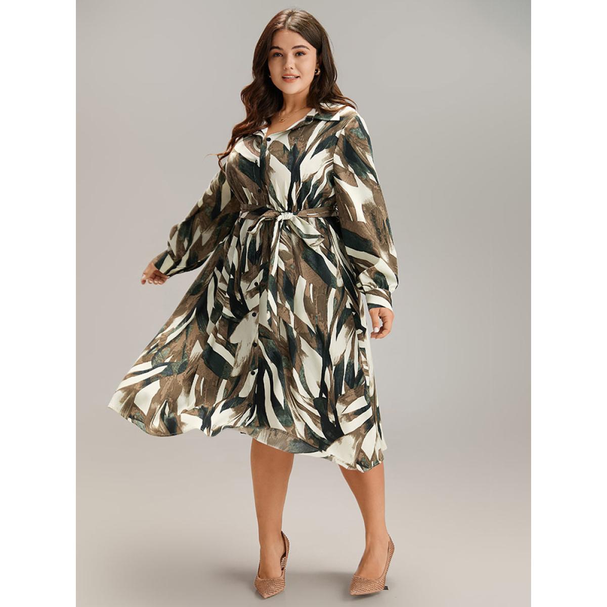 Plus Size Colorblock Contrast Belted Button Through Dress Multicolor Women At the Office Belted Shirt collar Long Sleeve Curvy Midi Dress BloomChic 18-20/2X Product Image