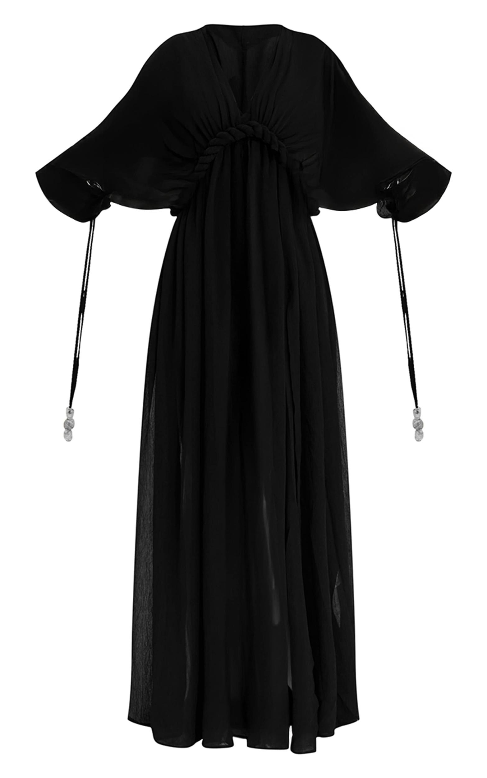 Black Textured Chiffon Twist Boho Beach Dress Product Image