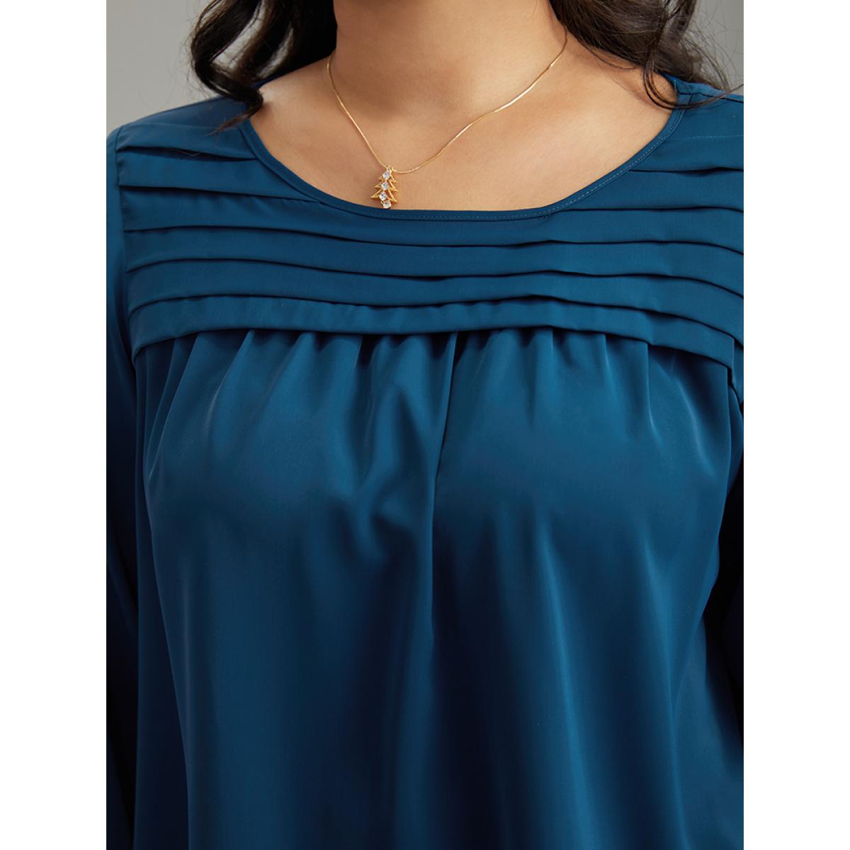 Plus Size Aegean Static-Free Plain Pleated Ruffles Lantern Sleeve Blouse Women Office Long Sleeve Round Neck Work Blouses BloomChic 30/6X Product Image