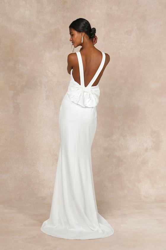 Romantic Glow White Backless Pearl Bow Maxi Dress Product Image