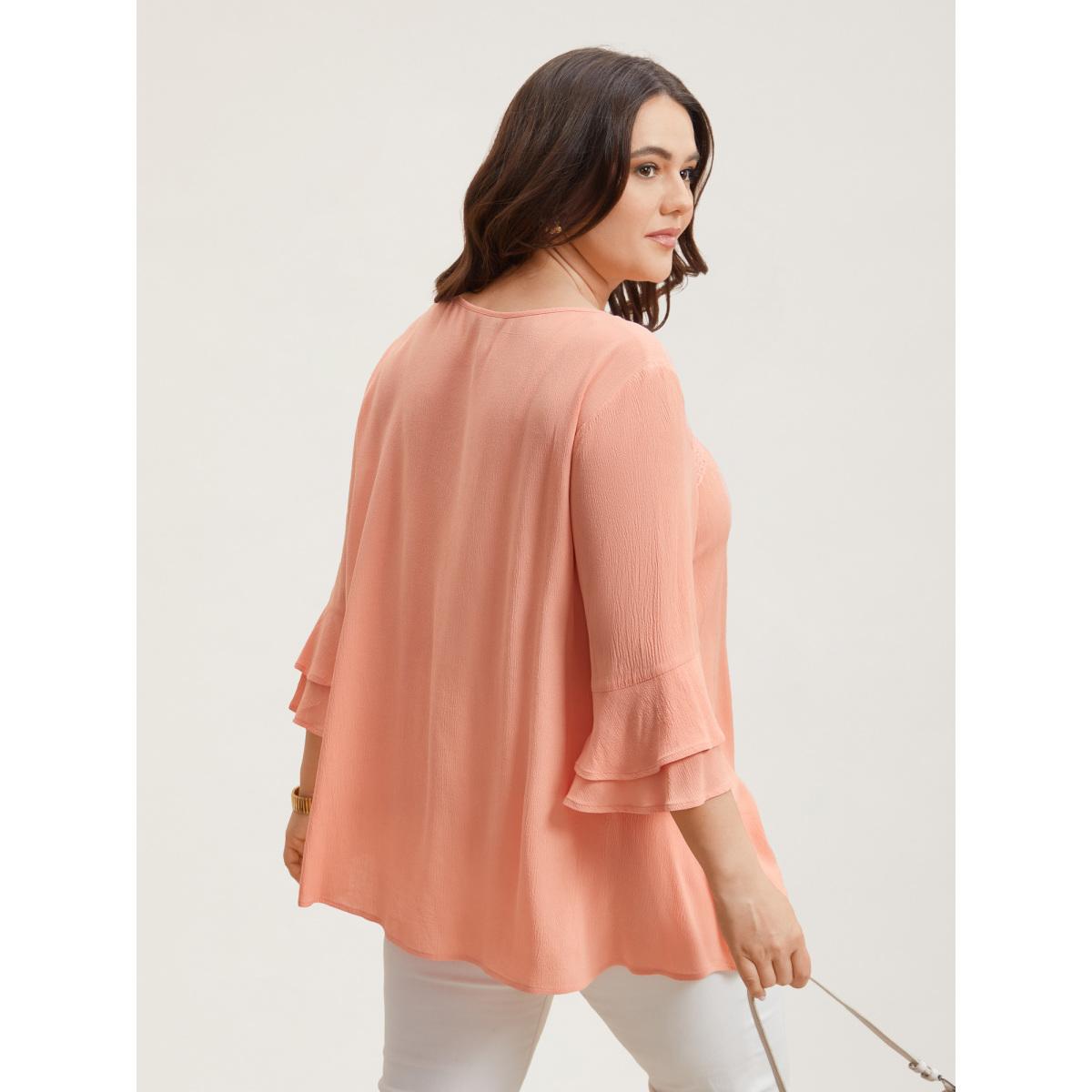 Plus Size Coral Lotus Leaf Edge Lace Spliced Shirt Women At the Office Elbow-length sleeve Round Neck Work Blouses BloomChic 18-20/2X Product Image
