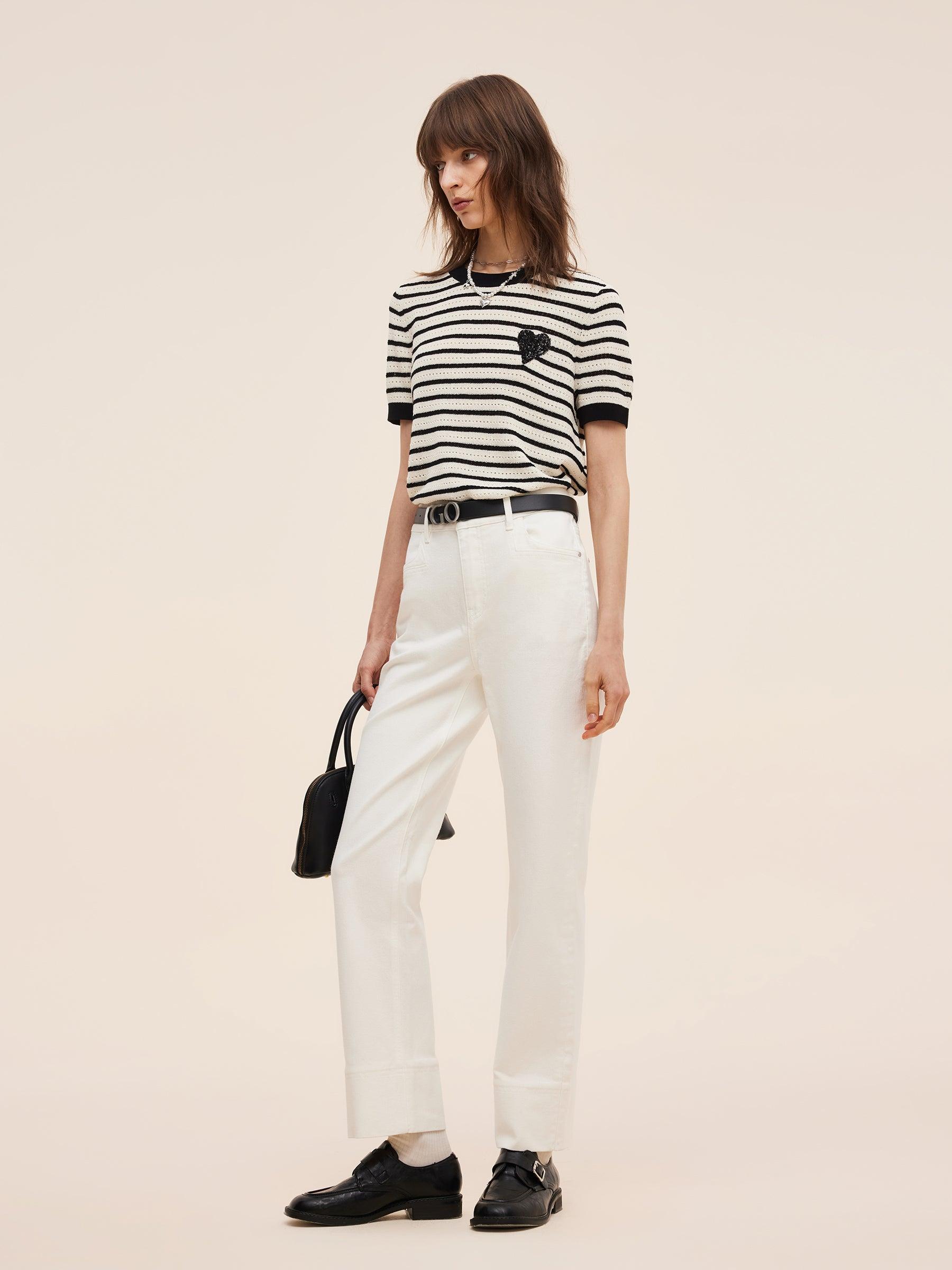 100% Cotton Stripe Women Openwork Knit T-Shirt Product Image