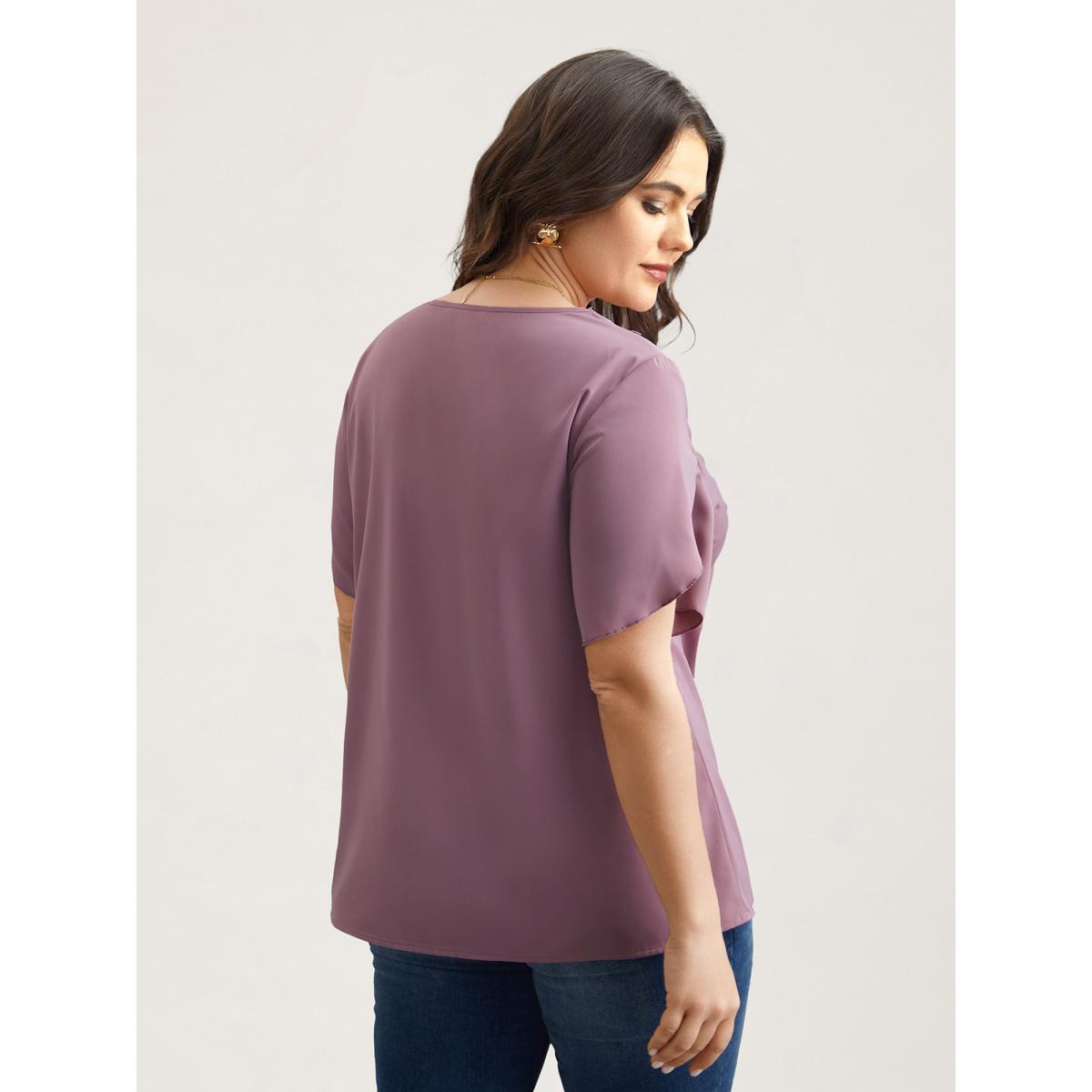 Plus Size Lilac Lace V-Neck Petal Sleeve Shirt Women Elegant Short sleeve V-neck Everyday Blouses BloomChic 22-24/3X Product Image