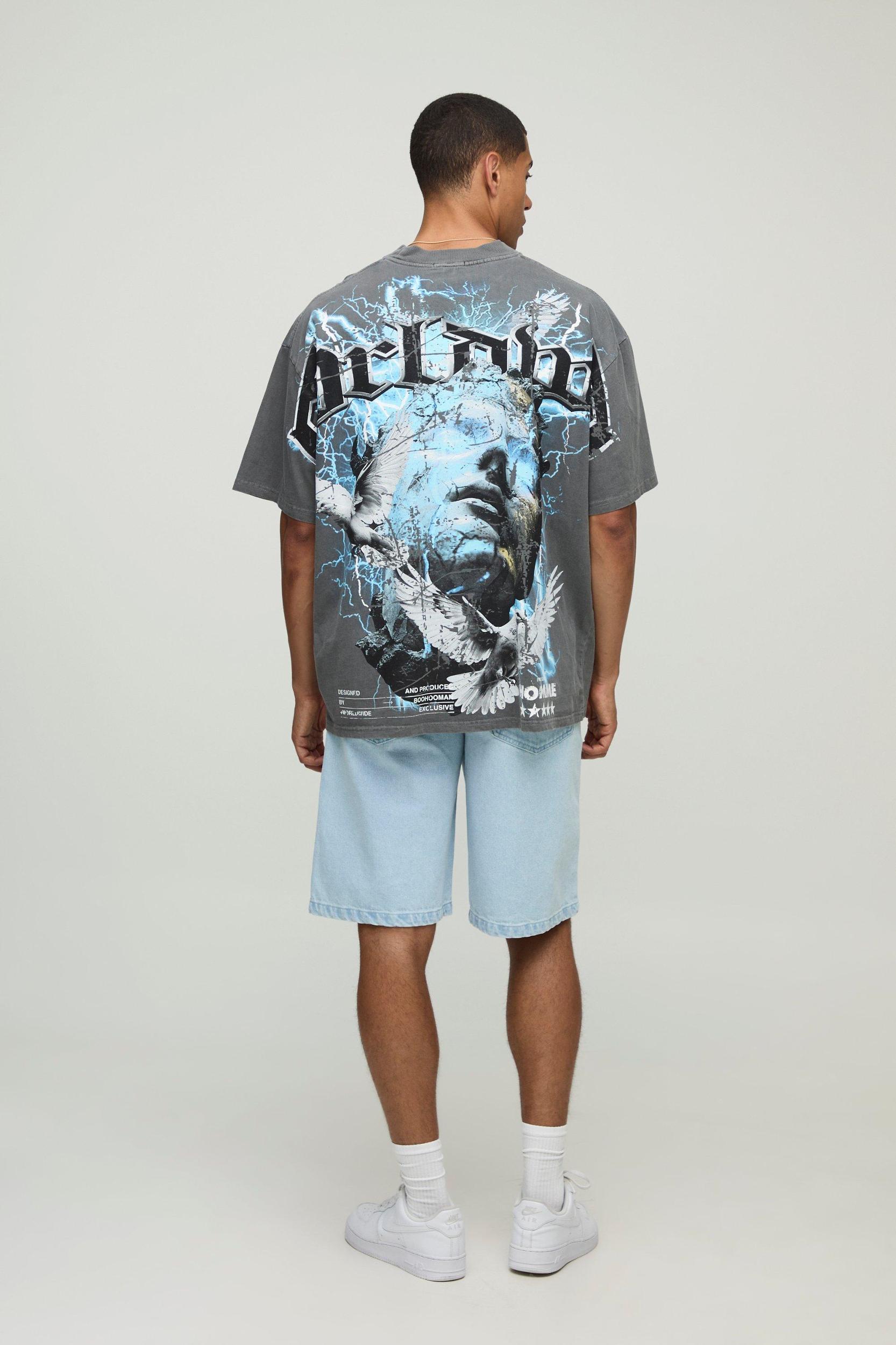 Charcoal Oversized Over the Seam Washed Worldwide T-Shirt | boohooMAN USA Product Image