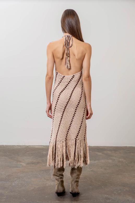 FINAL SALE Billie Crochet Fringe Knit Midi Dress | Taupe Product Image