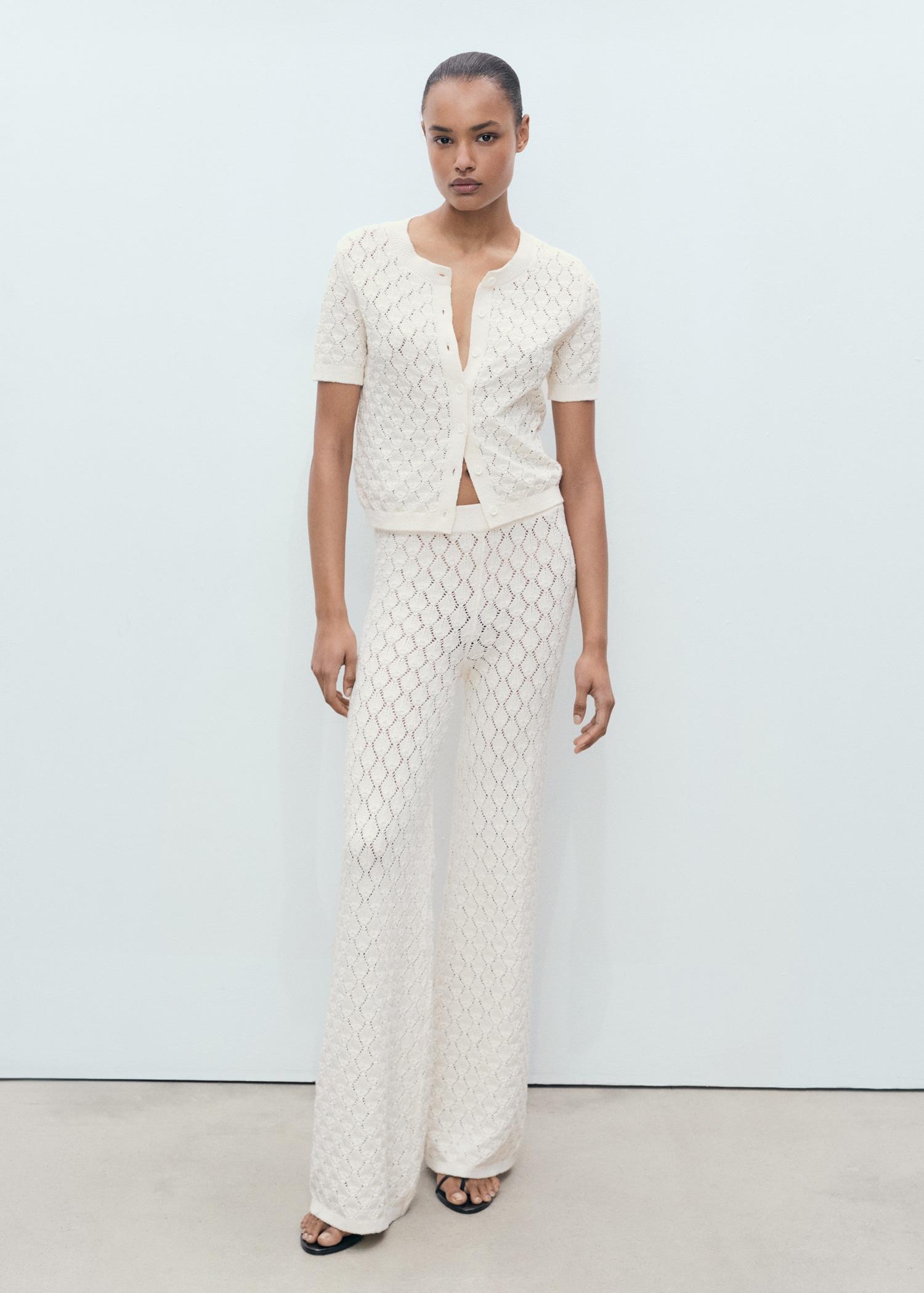 Short-sleeved openwork knitted cardigan - Women | MANGO USA Product Image