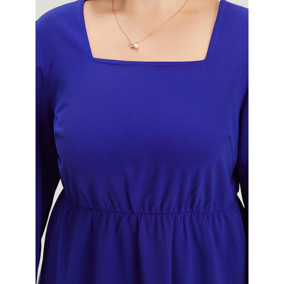 Plus Size Plain Laser Cut Gathered Square Neck Dress DarkBlue Women Elegant Plain Square Neck Long Sleeve Curvy Midi Dress BloomChic 22-24/3X Product Image
