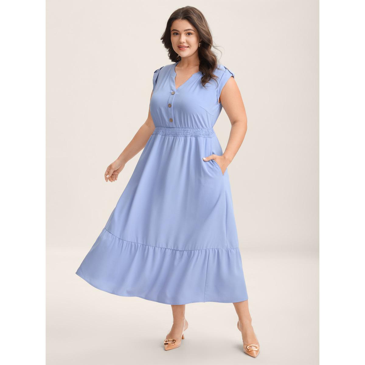 Plus Size Shirred Waist Button Detail Pockets Midi Dress LightBlue Women Notched collar Cap Sleeve Curvy BloomChic 28/5X Product Image