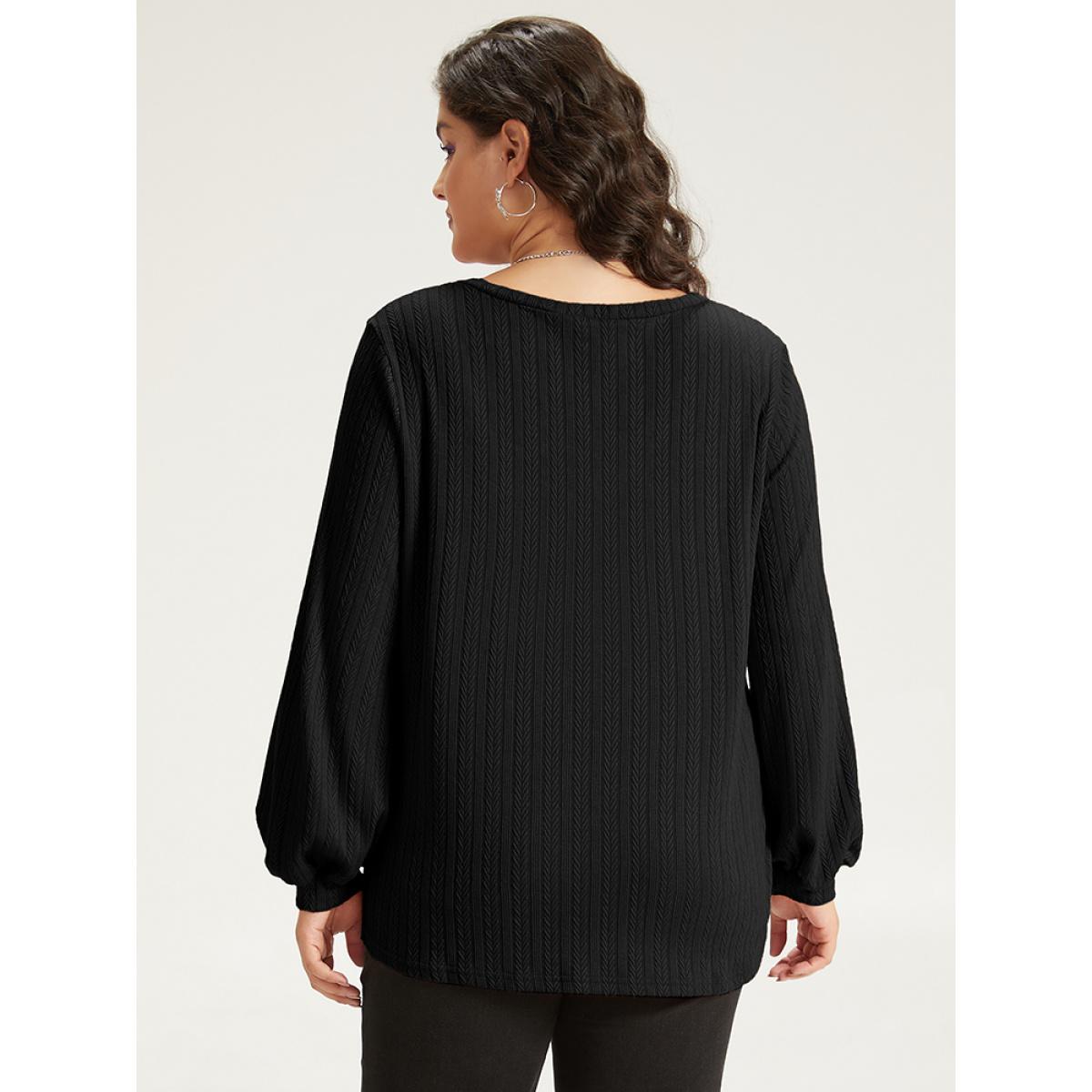 Plus Size Halloween Plain Elastic Cuffs V Neck Texture Lantern Sleeve Sweatshirt Women Black Casual Elastic cuffs V-neck Festival-Halloween Sweatshirts BloomChic 10/M Product Image