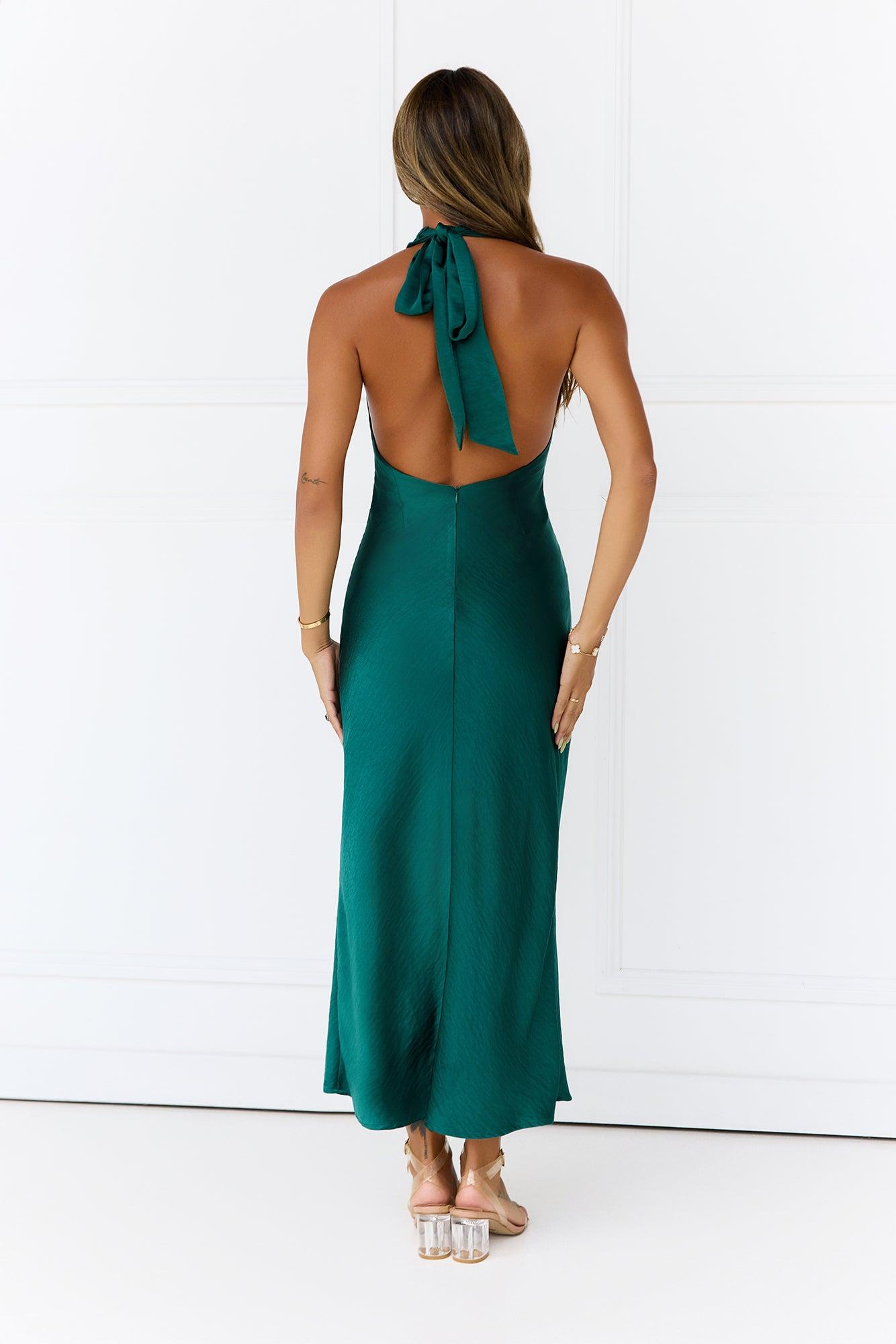 Twilight Glow Satin Halter Midi Dress Green Product Image