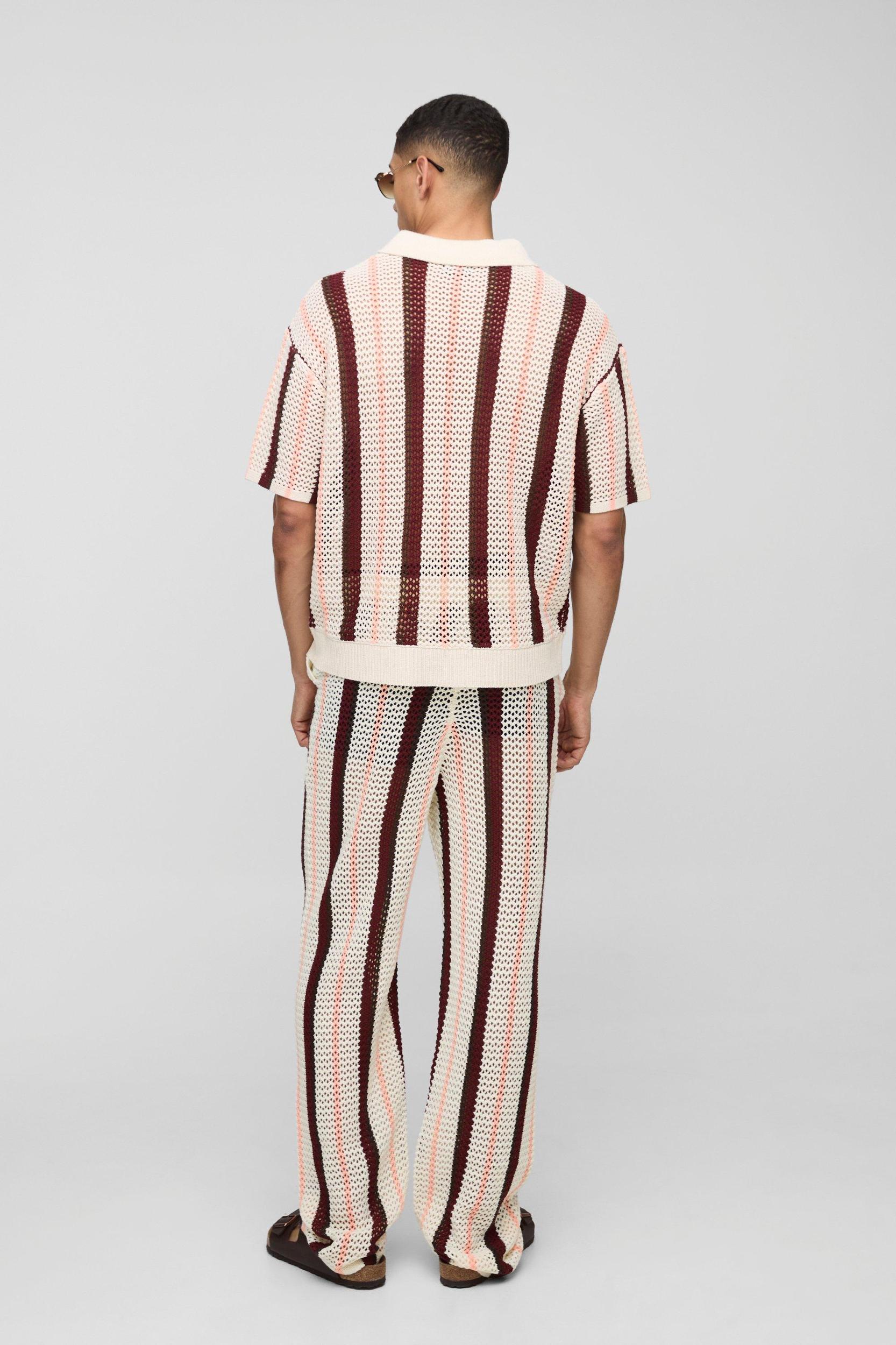 Oversized Boxy Open Stitch Revere Collar Stripe Knitted Polo | boohooMAN USA Product Image