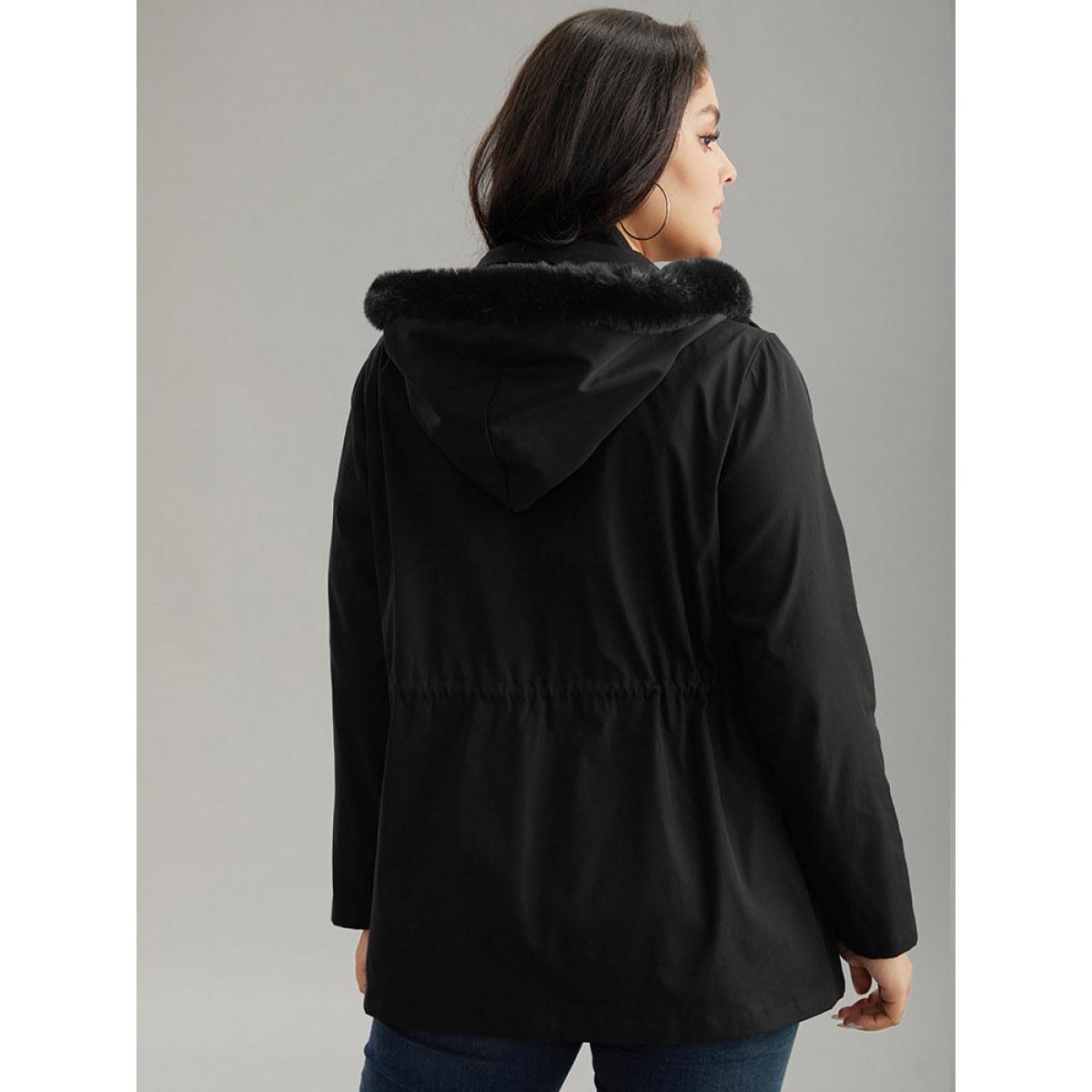 Plus Size Plain Zipper Hooded Pocket Drawstring Coat Women Black Casual Plain Ladies Dailywear Winter Coats BloomChic 28/5X Product Image