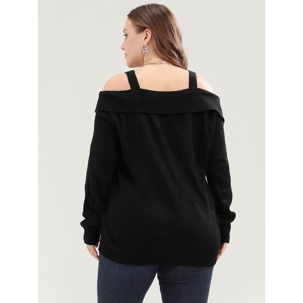 Plus Size Solid Pointelle Knit Cold Shoulder Knit Top Black Women Elegant Long Sleeve Cold Shoulder Dailywear Pullovers BloomChic 12/L Product Image