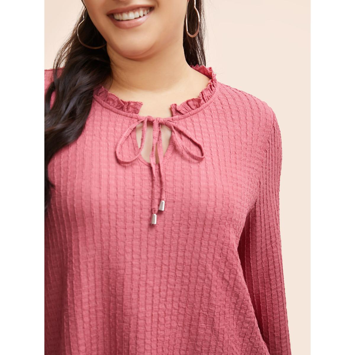 Plus Size Textured Tie Knot Lantern Sleeve T-shirt Beanpastepowder Women Casual Tie knot V-neck Everyday T-shirts BloomChic 12/L Product Image