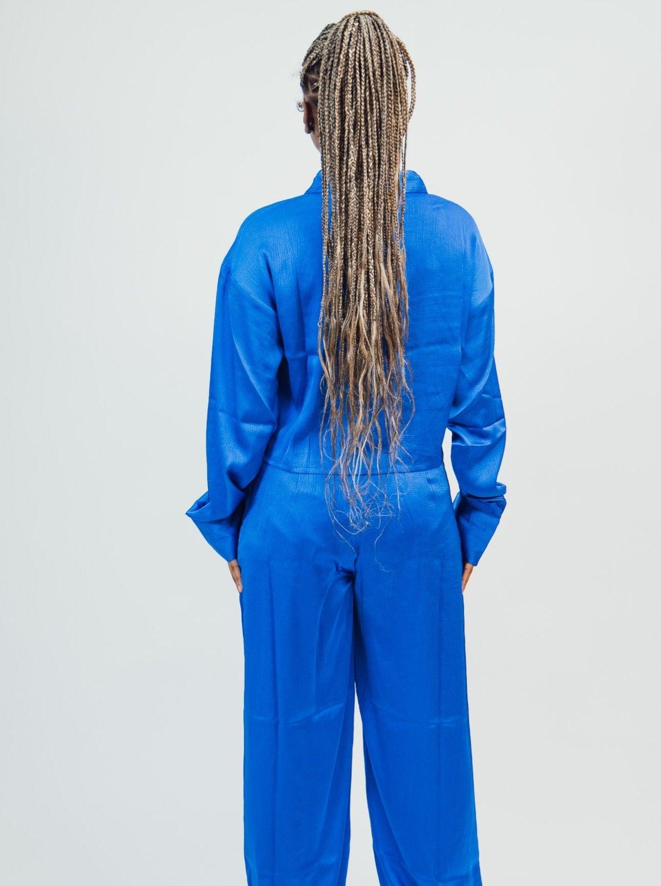 Native Youth Textured Satin Wide Leg Trousers - Blue Product Image