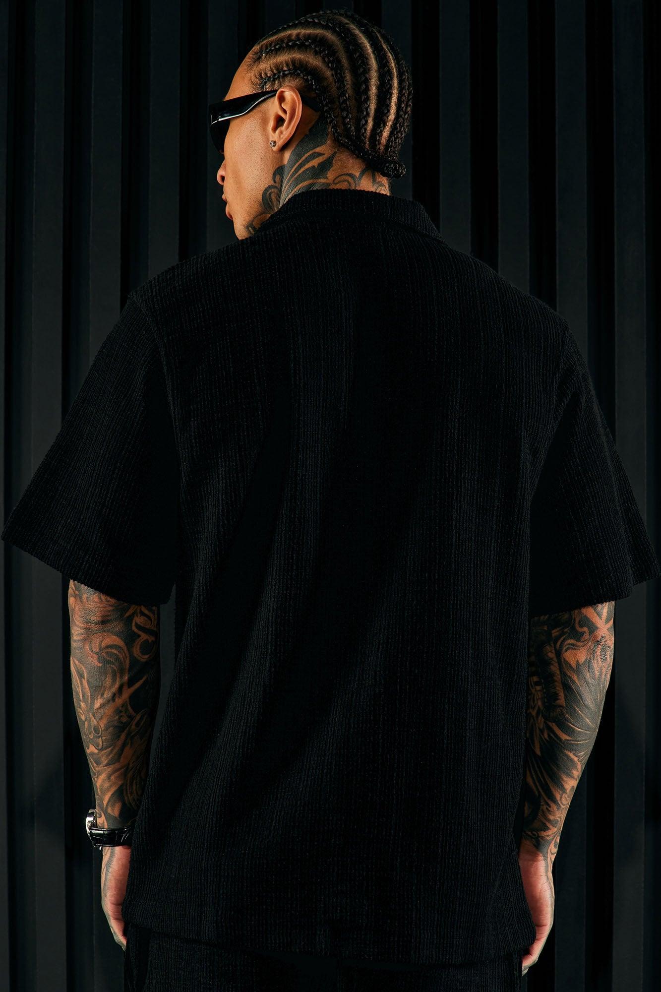 Dean Textured Short Sleeve Button Up Shirt - Black Product Image