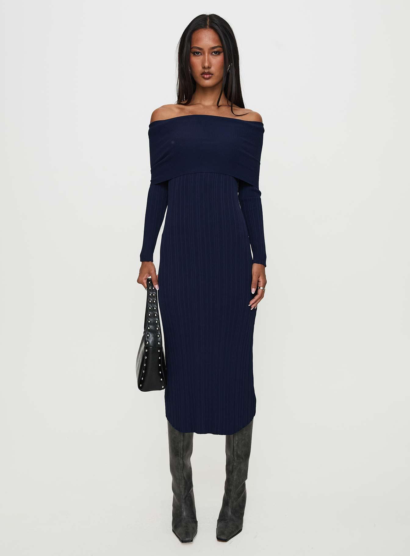 Flisse Long Sleeve Rib Maxi Dress Navy Product Image
