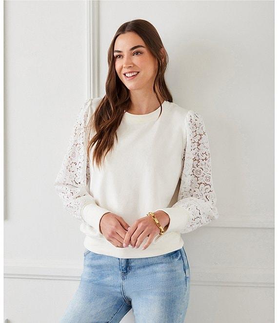 Karen Kane Crew Neck Long Contrast Lace Sleeve Top Product Image