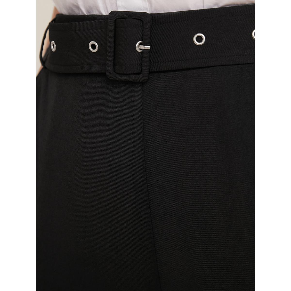 Plus Size Solid Mid Rise Pocket Belted Pants Women Black Office Mid Rise Office Pants BloomChic 10/M Product Image
