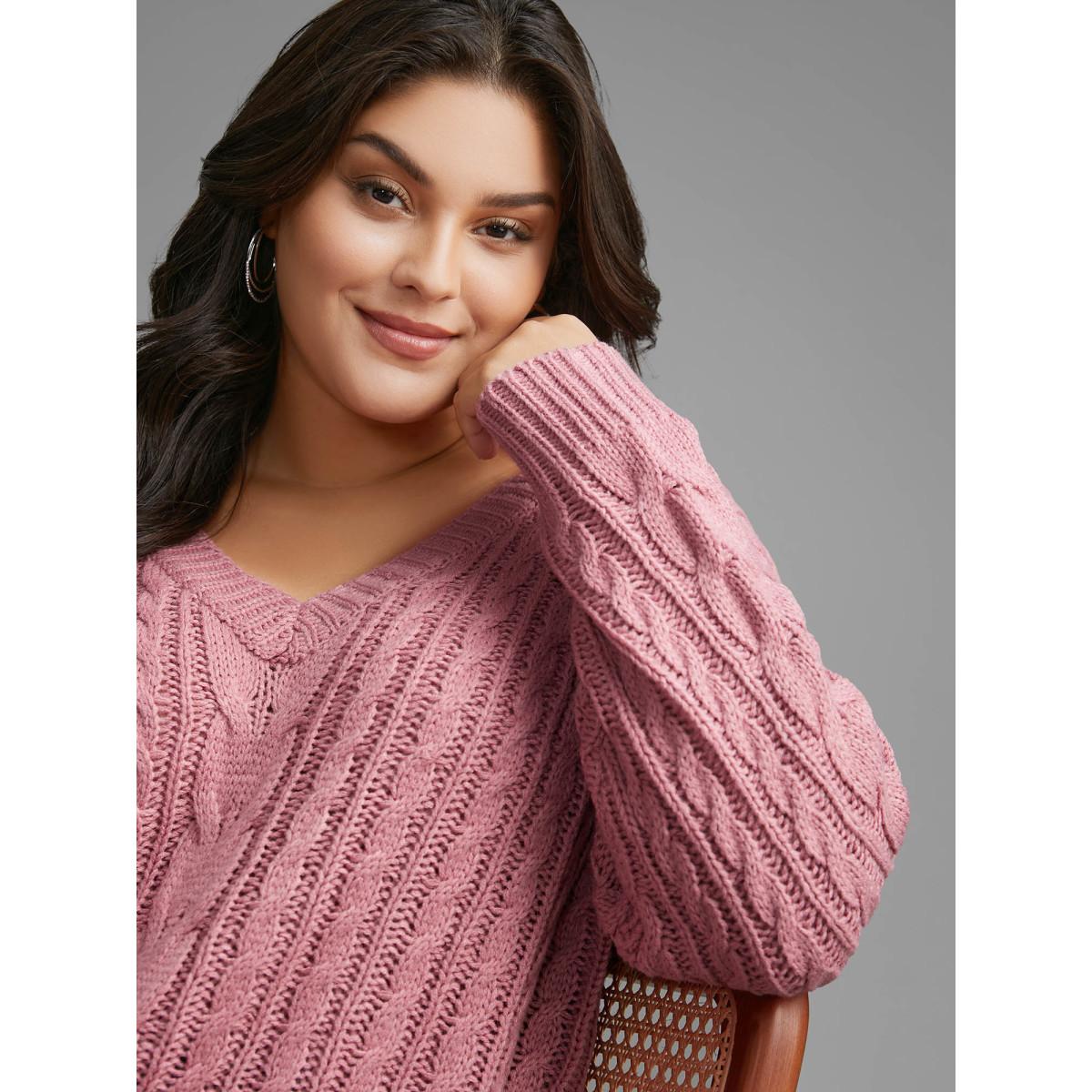 Plus Size V Neck Texture Cable Knit Pullover DustyPink Women Casual Loose Long Sleeve V-neck Everyday Pullovers BloomChic 26/4X Product Image