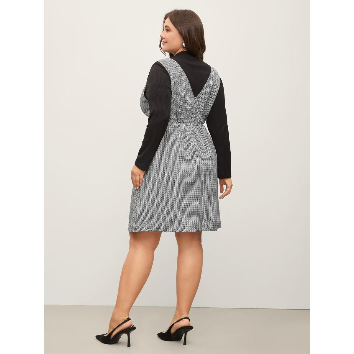 Plus Size Houndstooth Button Detail Pockets Knee Dress Black Women Overlap Collar Sleeveless Curvy BloomChic 14-16/1X Product Image