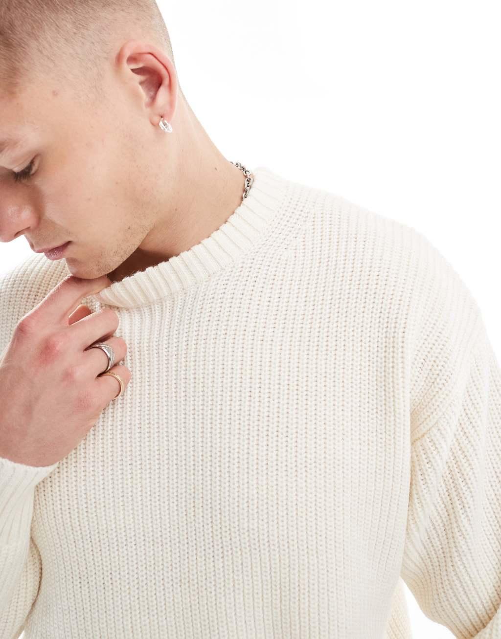 Bershka fisherman ribbed sweater in ecru Product Image