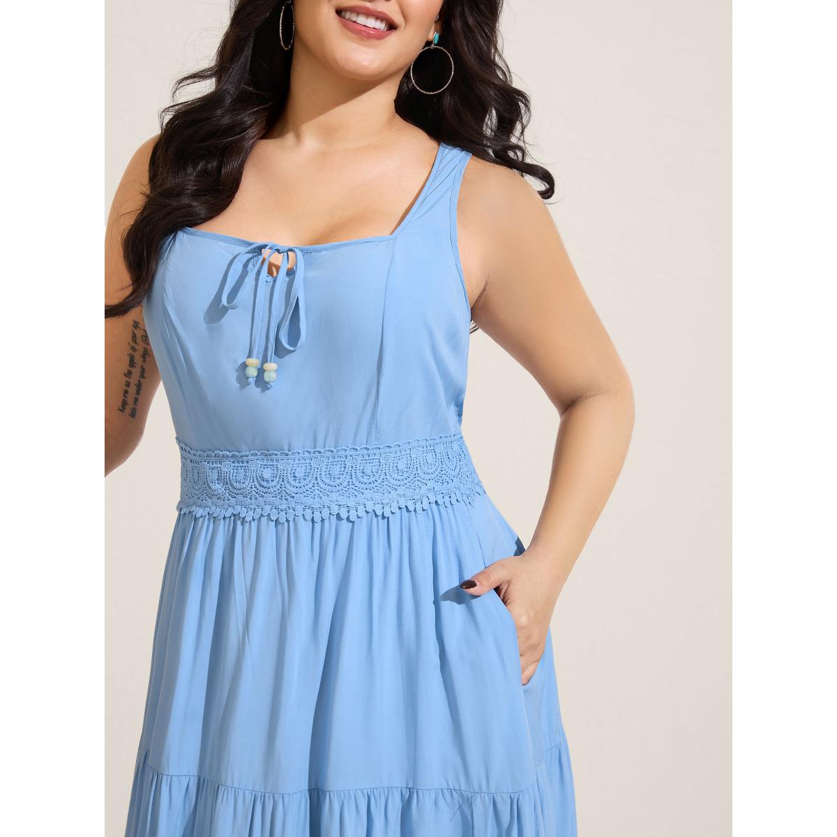 Plus Size Lace Trim Neck Tie Solid Midi Dress LightBlue Women Boho Square Neck Sleeveless Curvy BloomChic 10/M Product Image