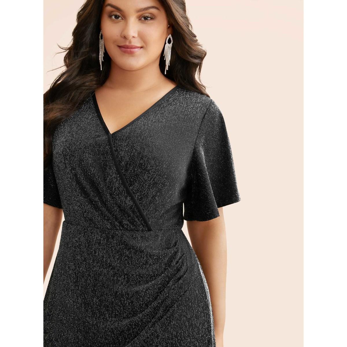 Plus Size Luxe Overlap Collar Ruffle Sleeve Dress Pureblack Women Cocktail Overlapping Party Curvy Bloomchic 18-20/2X Product Image