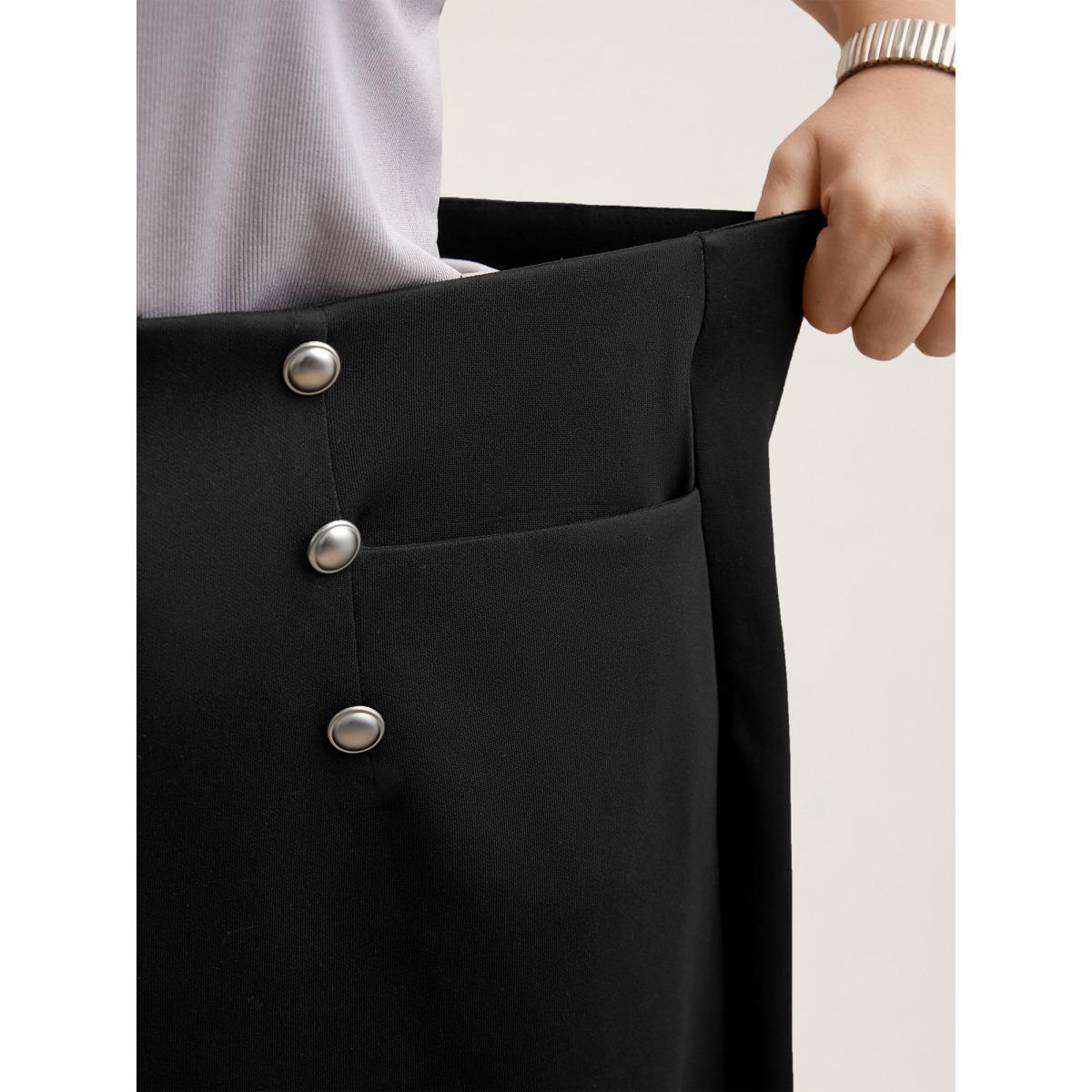 Plus Size Buckle Side Buttons Flared Midi Skirt Women Black At the Office Button Medium stretch Slanted pocket Work Skirts BloomChic 10/M Product Image