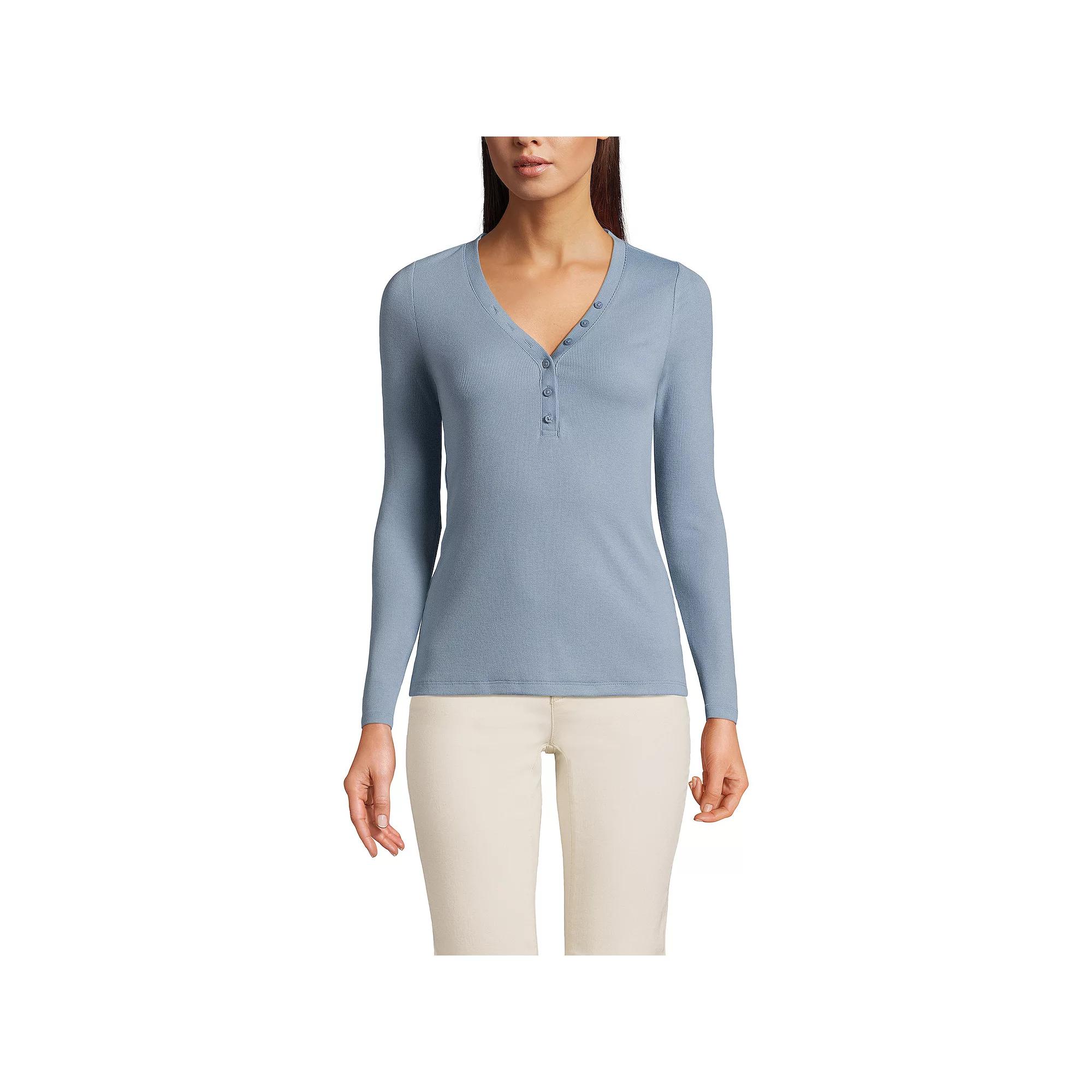 Petite Lands' End Long Sleeve Ribbed Henley, Women's,  Product Image