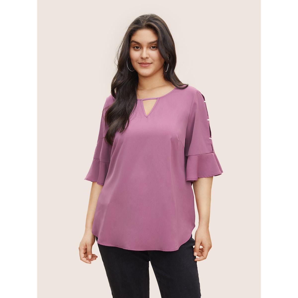 Plus Size Mauve Solid Keyhole Ruffle Sleeve Pearl Beaded Blouse Women Casual Half Sleeve Notched collar Everyday Blouses BloomChic 10/M Product Image