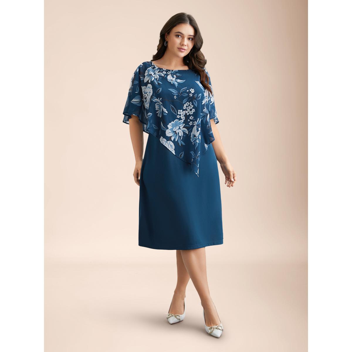 Plus Size Floral Print Cloak Tiered Midi Dress Aegean Women Elegant See through Round Neck Half Sleeve Curvy BloomChic 30/6X Product Image