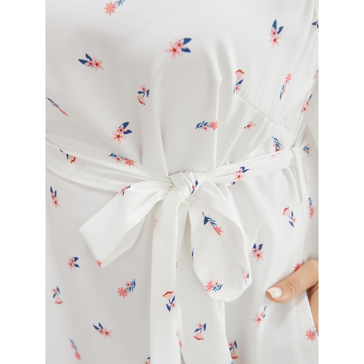 Plus Size Ditsy Floral Pocket Belted Keyhole Neck Flutter Tank Dress White Women Elegant Belted Keyhole Cut-Out Sleeveless Curvy Midi Dress BloomChic 28/5X Product Image