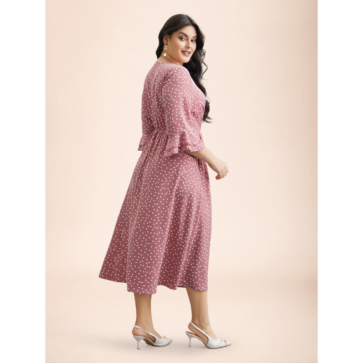 Plus Size Polka Dot Print Tiered Ruffles Sleeve Midi Dress Watermelon Women Elegant Ruffles Round Neck Elbow-length sleeve Curvy BloomChic 30/6X Product Image