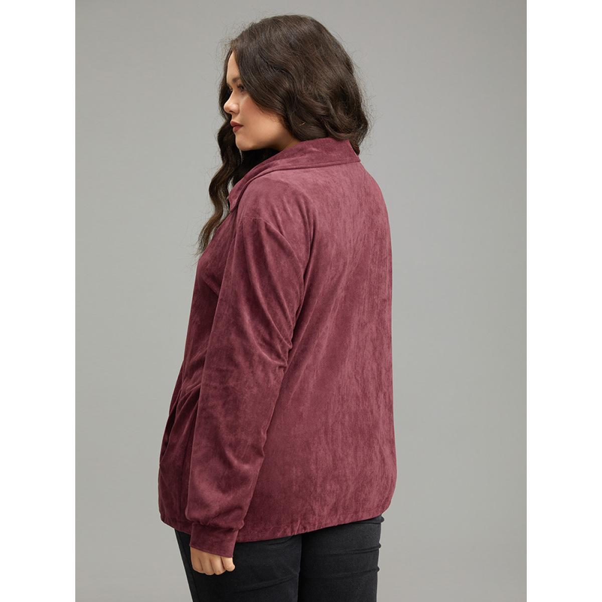 Plus Size Plain Pocket Zipper Fly Drawstring Jacket Women Burgundy Plain Pocket Dailywear Jackets BloomChic 10/M Product Image
