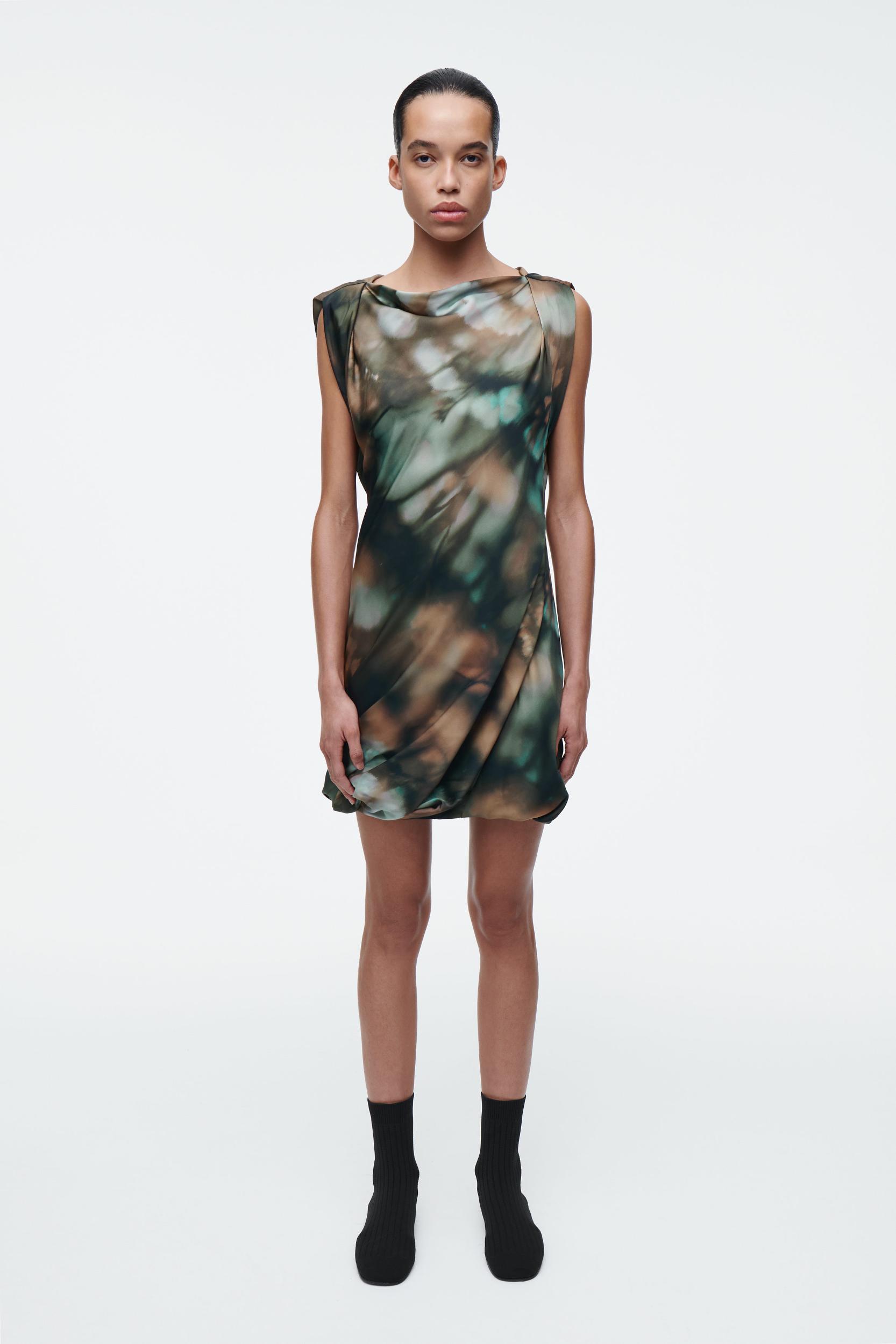 PRINTED DRAPED SILK DRESS Product Image