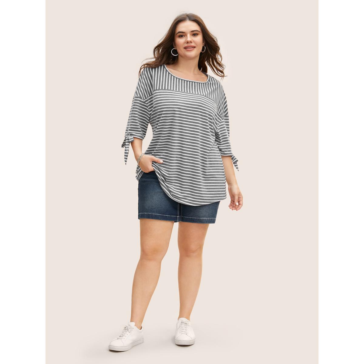 Plus Size Striped Boat Neck Tie Knot T-shirt DimGray Women Leisure Tie knot Boat Neck Casual T-shirts BloomChic 14-16/1X Product Image