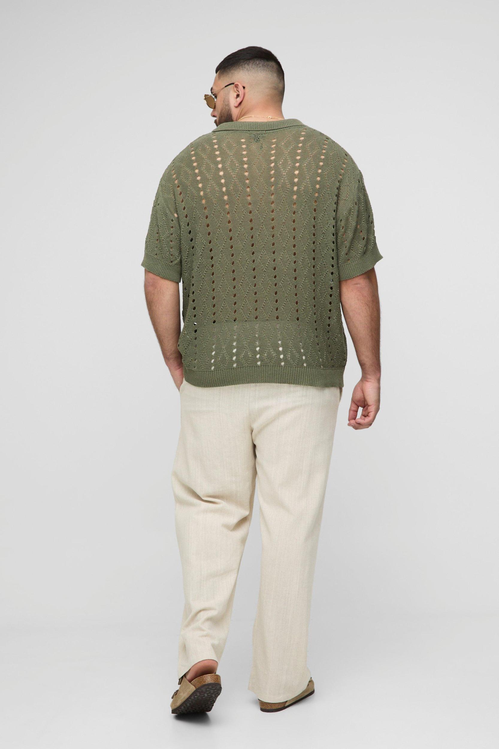 Plus Boxy Oversized Stripe Open Knit Polo | boohooMAN USA Product Image