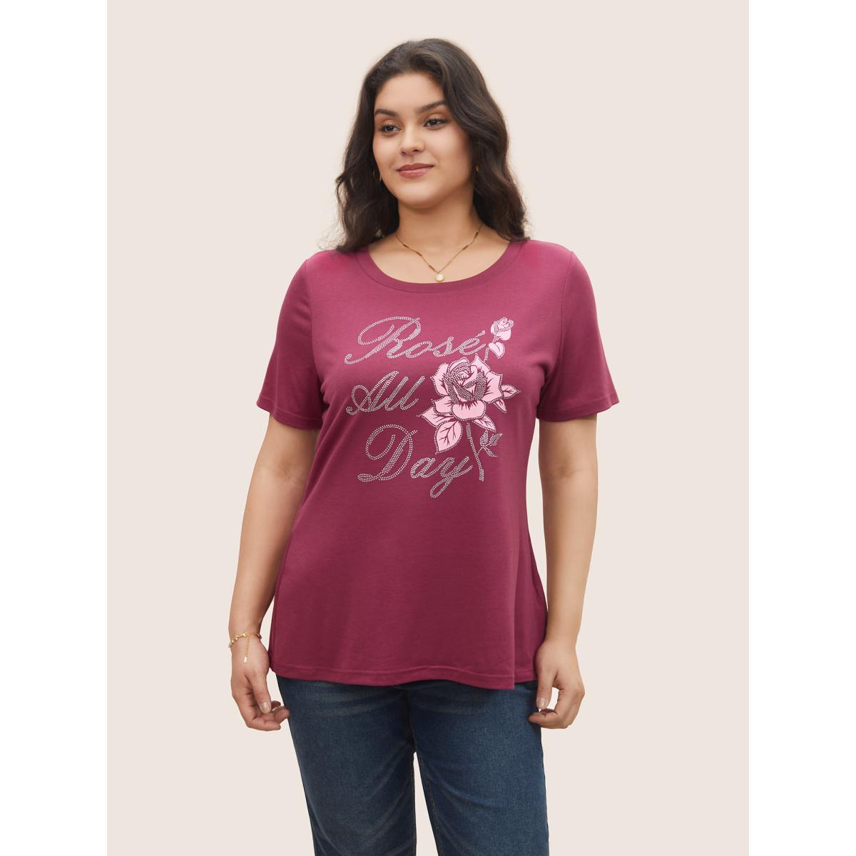 Plus Size Natural Flowers Rhinestone Round Neck T-shirt RedViolet Women Elegant Natural Flowers Everyday T-shirts BloomChic 10/M Product Image