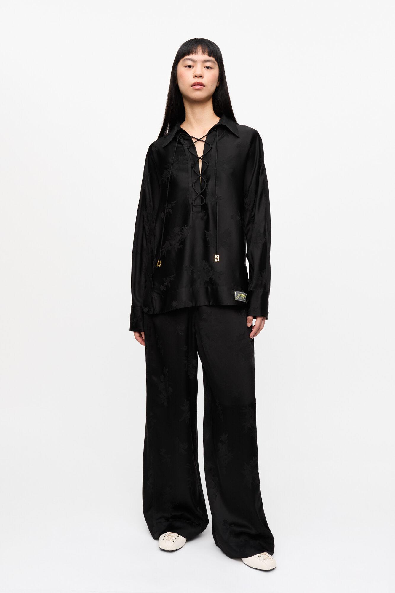 Black Satin Jacquard Tie String Shirt Product Image