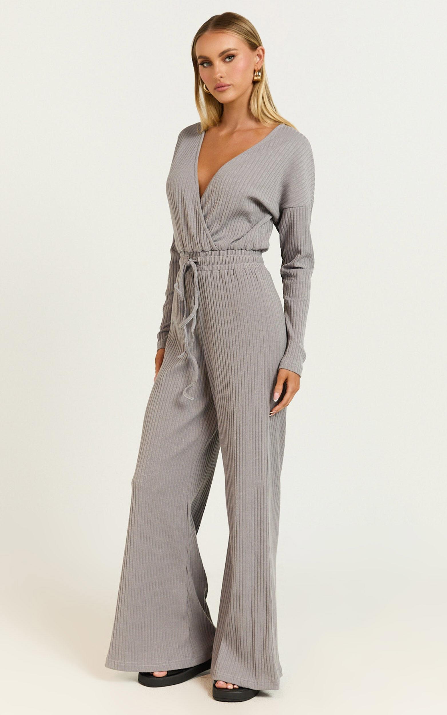 Camille Jumpsuit - Ribbed Jersey Long Sleeve Wide Leg Jumpsuit in Slate Grey Product Image